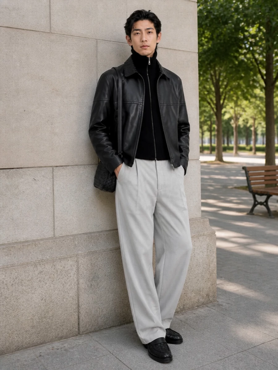 Bottega veneta black leather jacket outfit men