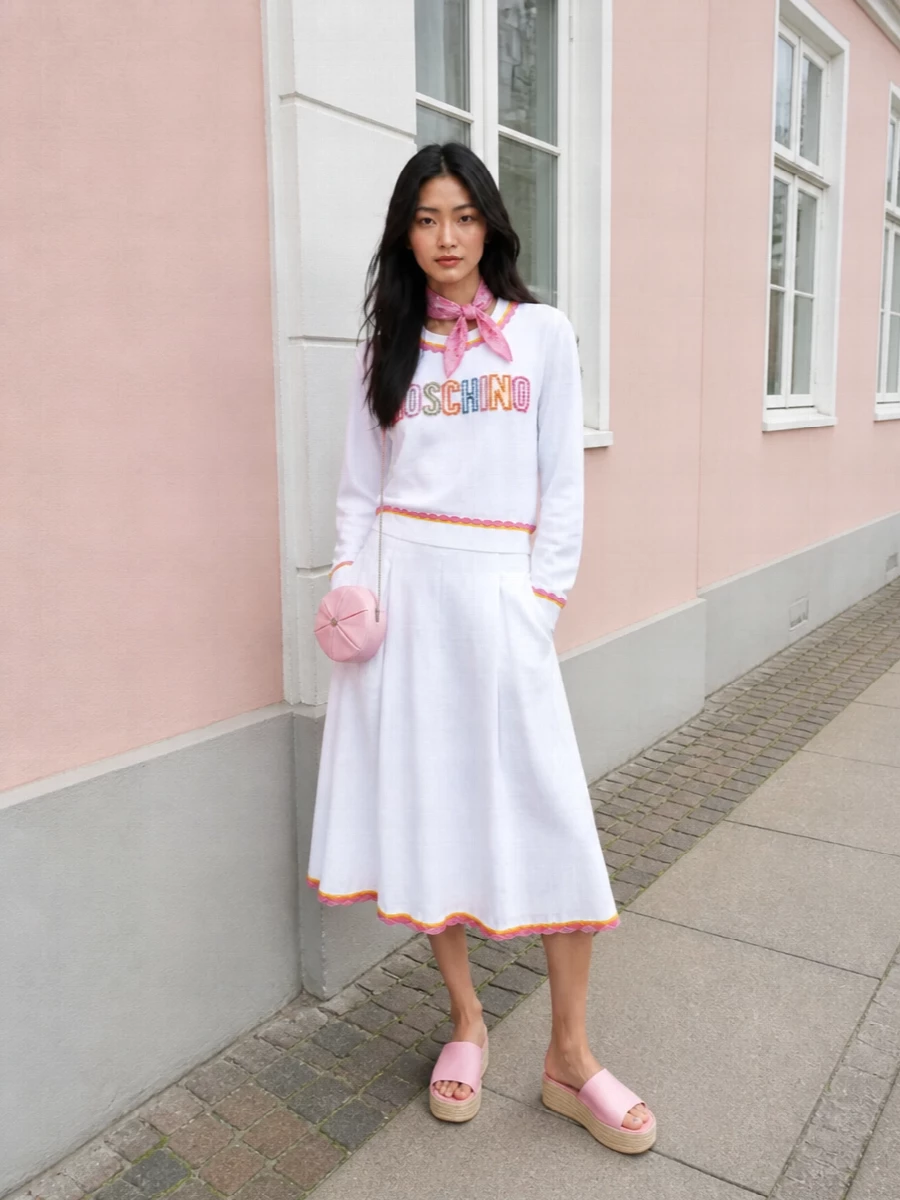 Moschino scalloped sweater white midi skirt outfit