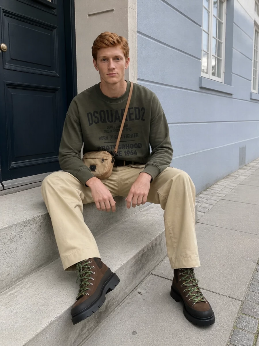 Dsquared2 cargo pants olive sweatshirt hiker boots