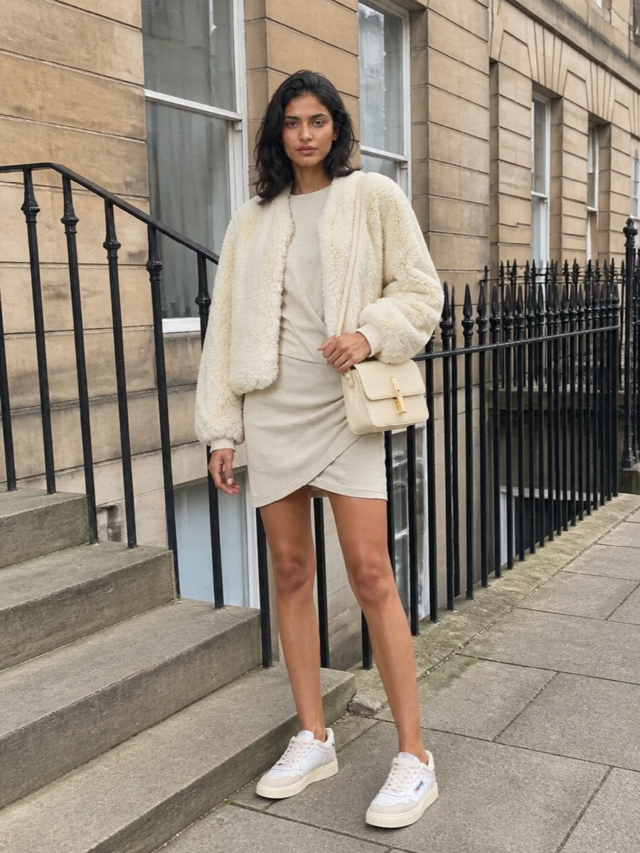 Frankie shop faux fur bomber sweatshirt dress outfit