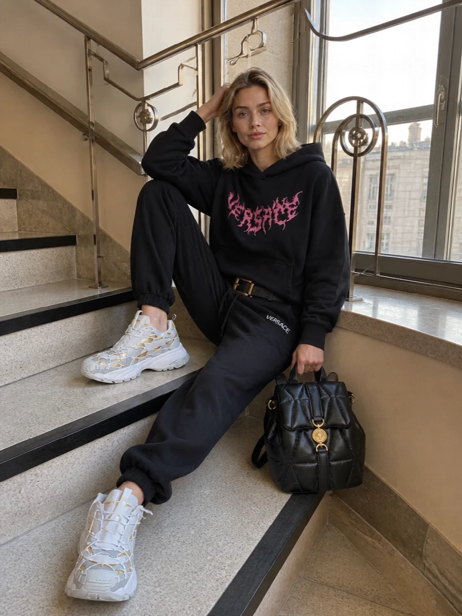 Versace black logo hoodie joggers streetwear outfit
