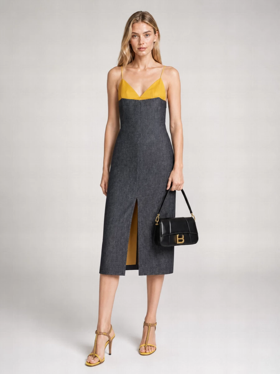 Fendi Denim V-Neck Sleeveless Midi Dress