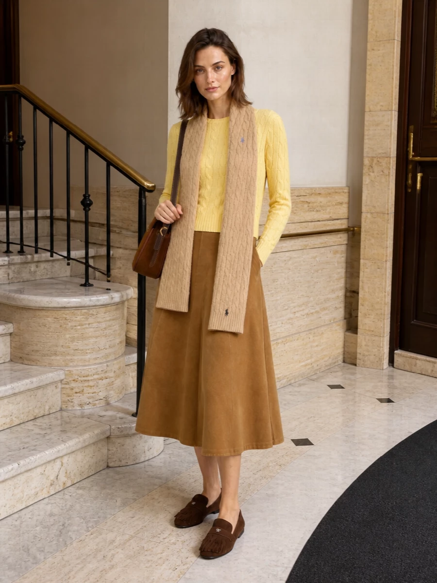 Polo ralph lauren yellow sweater camel midi skirt