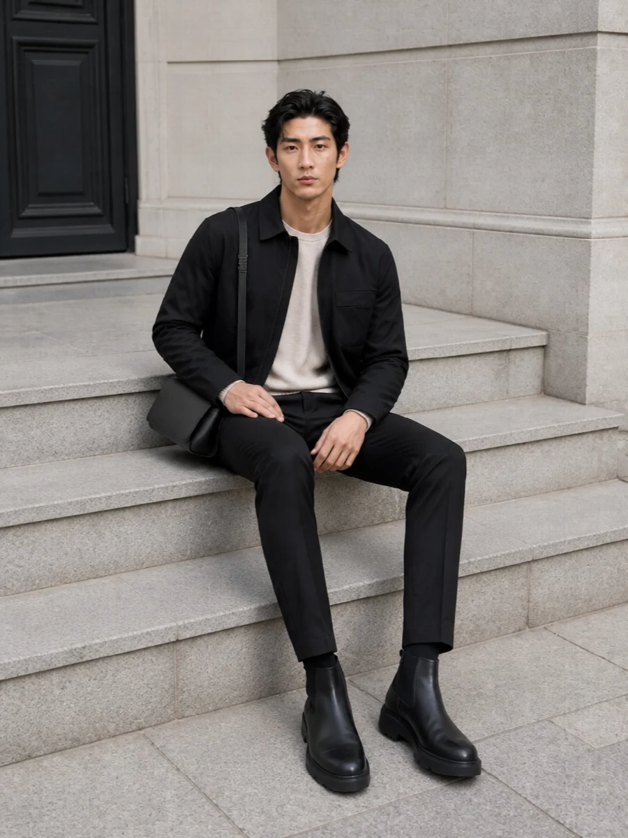 Herno black jacket chelsea boots outfit