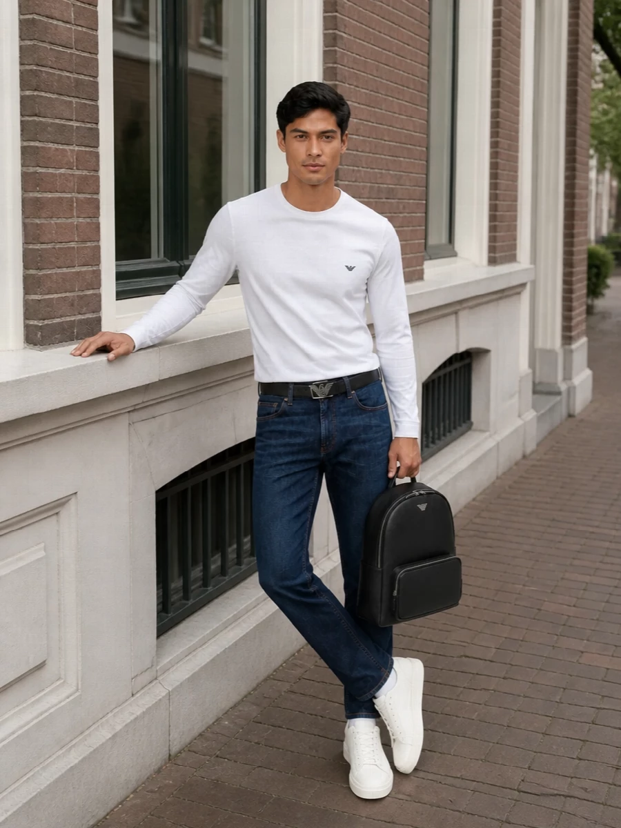 Emporio armani white long sleeve dark jeans outfit