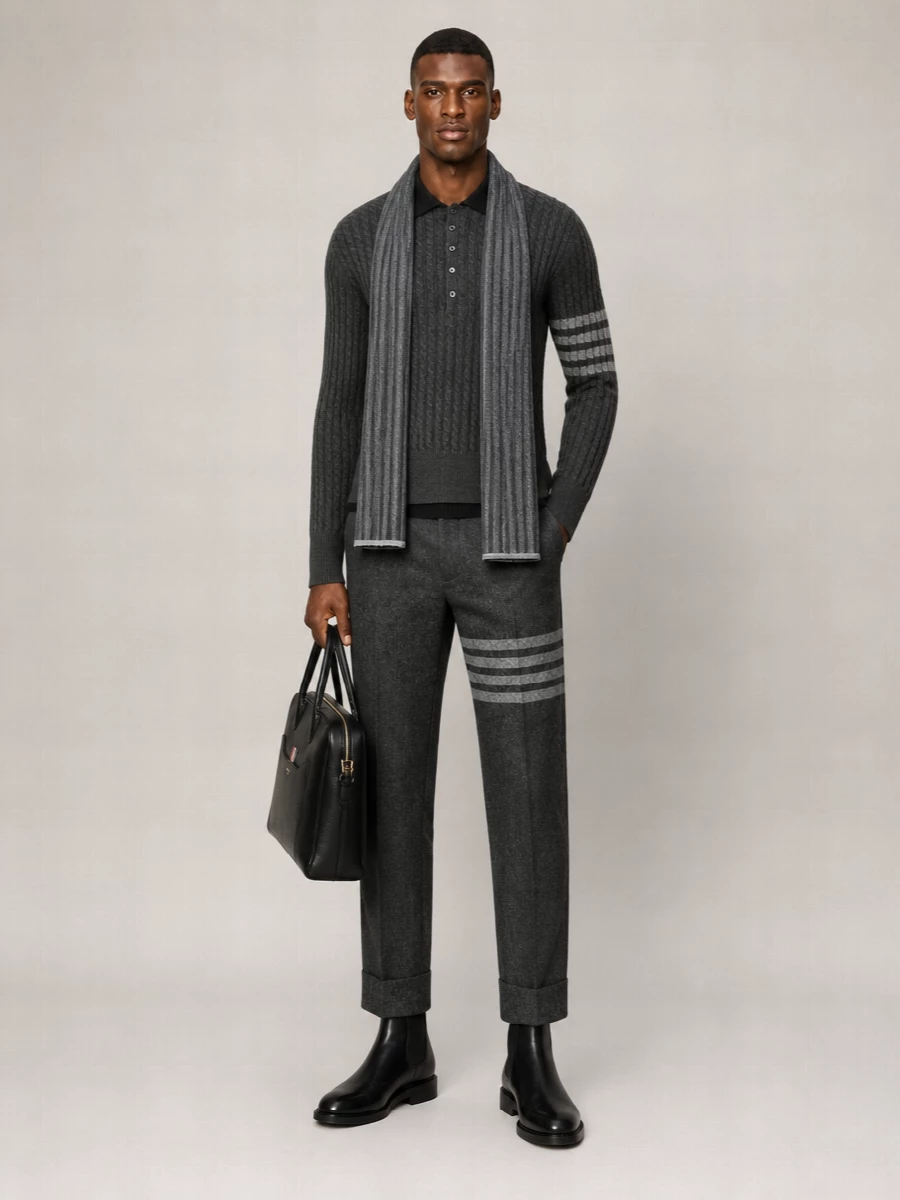 Thom Browne Cable-Knit Long-Sleeve Wool Polo Sweater