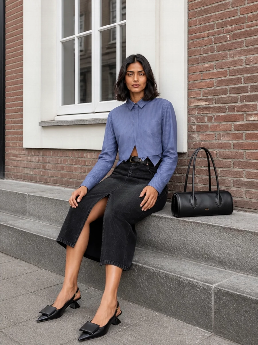 Sacai denim midi skirt cropped shirt outfit