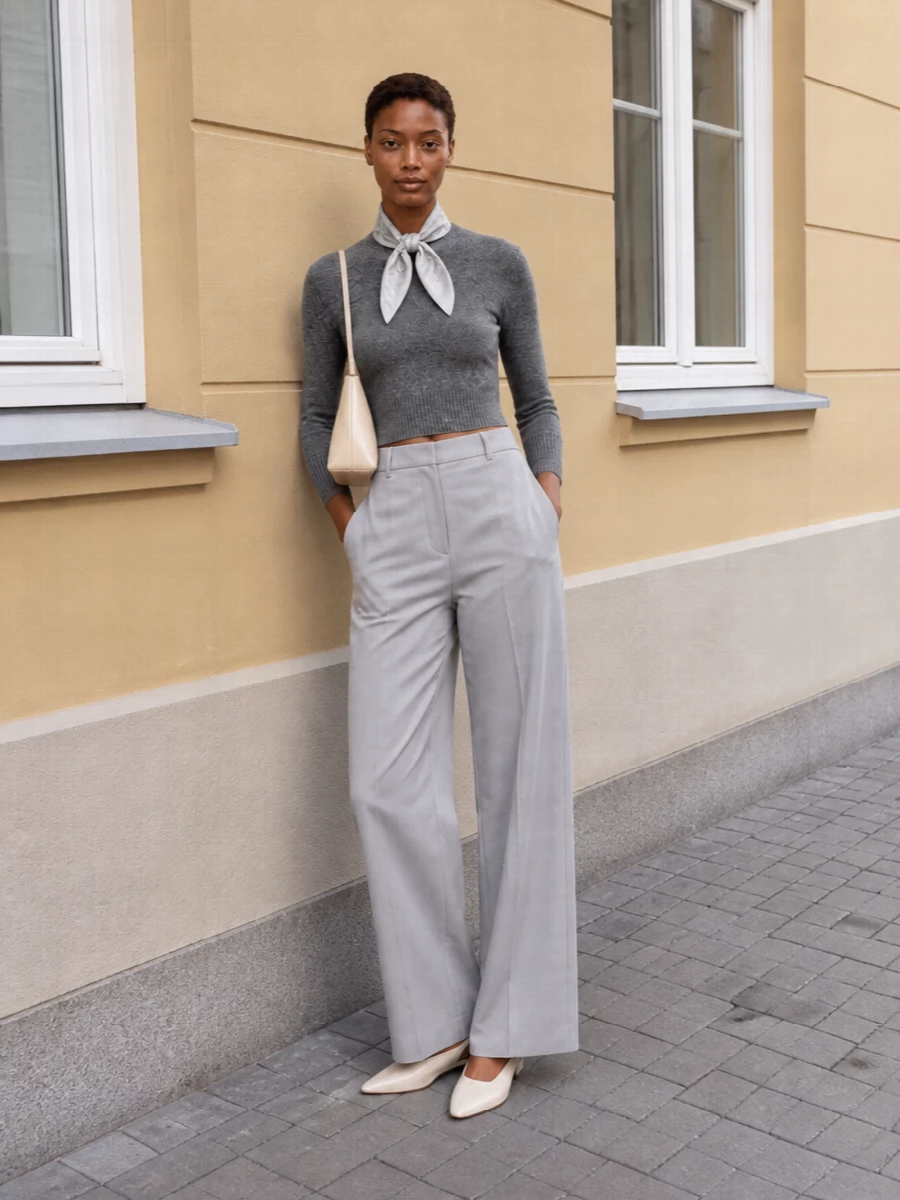 Charcoal and dove grey create a long, quiet column, with the cropped knit meeting the high-rise wide leg at just the right point to sharpen the waist. Cream slingbacks keep things light and precise at the hem, while the butter-beige shoulder bag and slim silk scarf add a controlled hint of warmth and graphic interest without disturbing the minimalist calm.