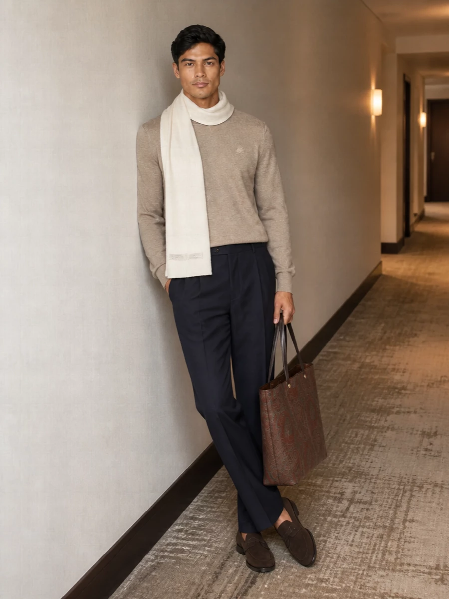 Etro beige sweater navy trousers loafers