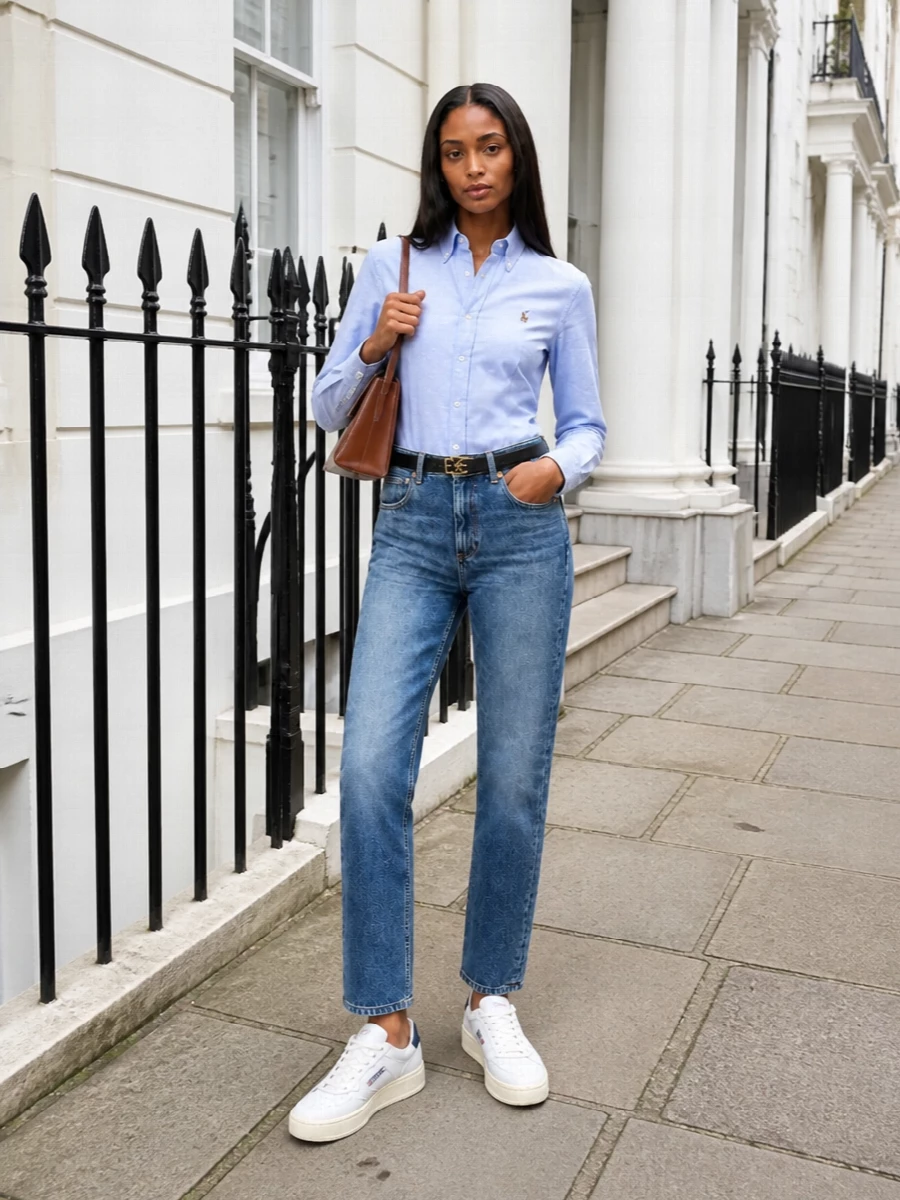 A light-blue Oxford shirt tucks neatly into mid-indigo straight-leg denim for a clean, preppy take on smart casual. White-and-navy sneakers keep the mood relaxed but considered, while a chestnut shoulder bag and slim black belt add just enough structure and warmth. It is an all-season uniform that feels as right for a Friday desk day as it does for a weekend in the city.