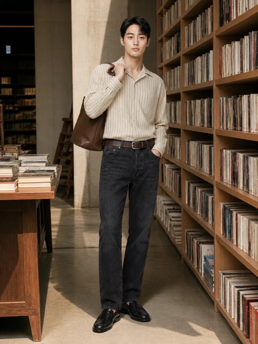 The row striped shirt charcoal jeans outfit