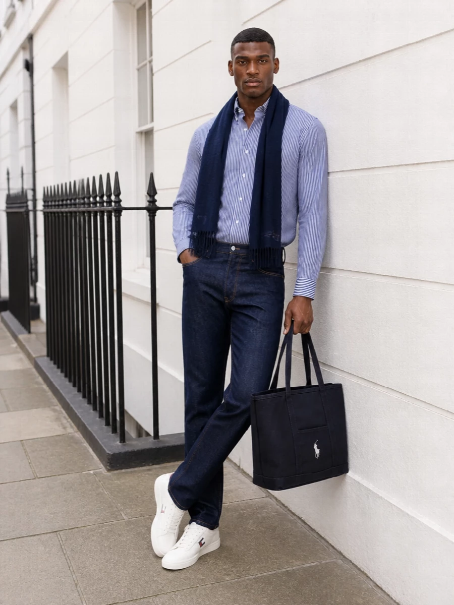 Ralph lauren striped shirt dark jeans sneakers