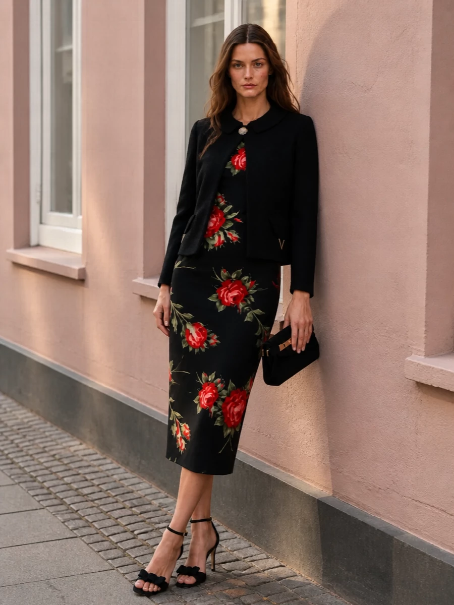 Dolce & Gabbana’s rose-splashed sheath is anchored with slim black suede heels and a sculptural black clutch for pure cocktail confidence. The palette stays tightly focused on black and gold so the crimson florals feel rich rather than busy. Every line is tailored and clean, keeping the romance firmly in grown up territory for weddings, dinners or gallery evenings.