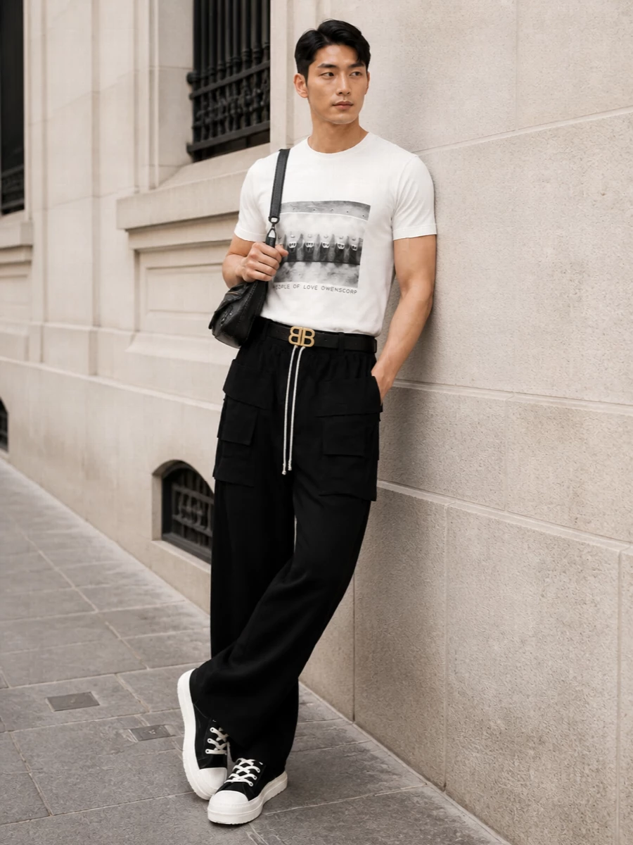 Rick owens graphic tee wide leg cargo outfit