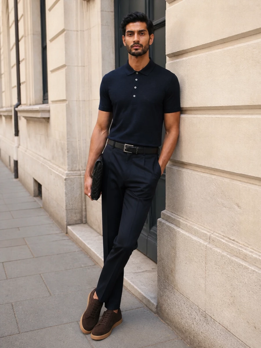 Navy pleated trousers paired with the ink-navy polo create a quietly refined column of colour that feels modern, sharp and comfortably relaxed for SS. Dark-brown suede sneakers soften the tailoring just enough for everyday wear, while the slim black belt and intrecciato clutch add disciplined, low-key structure that keeps the whole look firmly in the quiet-luxury space. Ideal for a client who wants desk-to-dinner polish without ever looking over-styled.