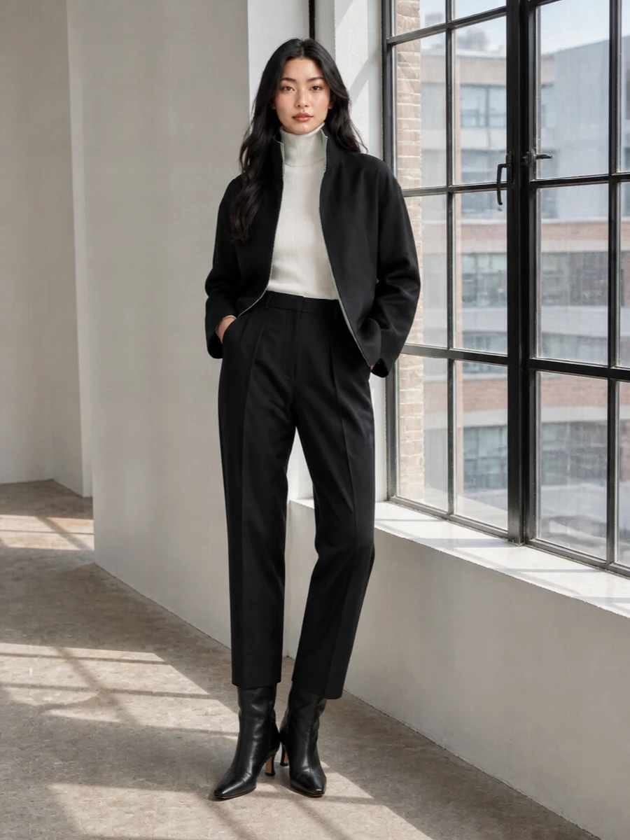 Bottega veneta black jacket ivory turtleneck outfit