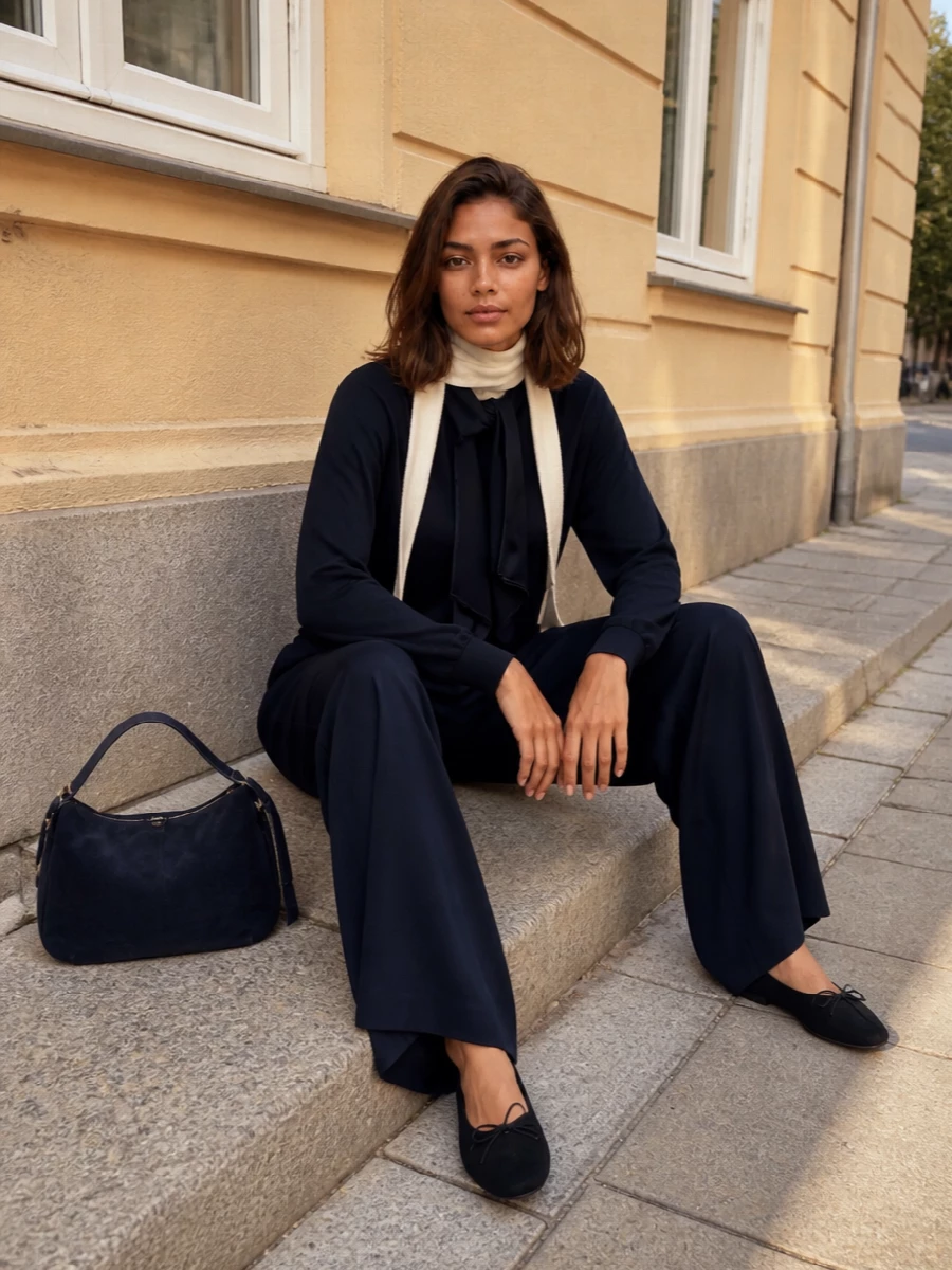 Head-to-toe navy keeps this pairing serene, letting the soft bow at the collar and the fluid wide-leg trousers do the talking. The knitted ballerinas and suede shoulder bag stay restrained, keeping everything in a low-contrast, minimal register that feels suited to long city days and quiet dinners alike. A touch of ivory at the neck gently lifts the palette while preserving the calm, romantic mood.