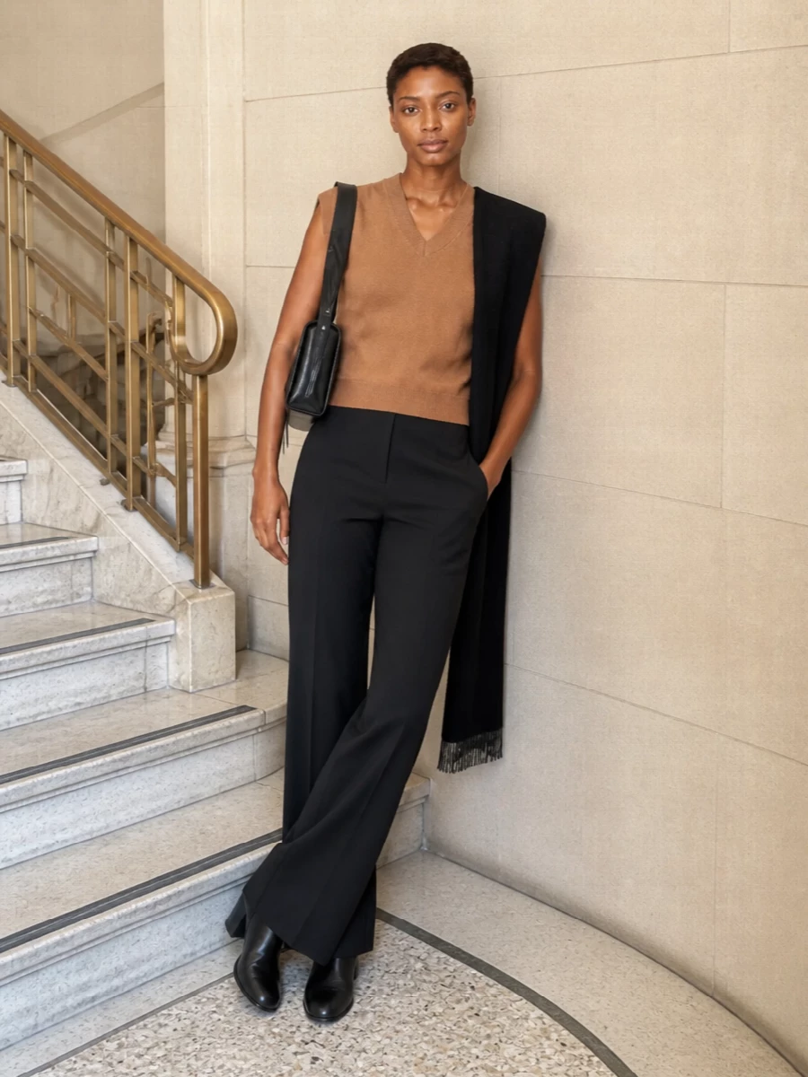 Maison margiela camel vest black wide leg trousers