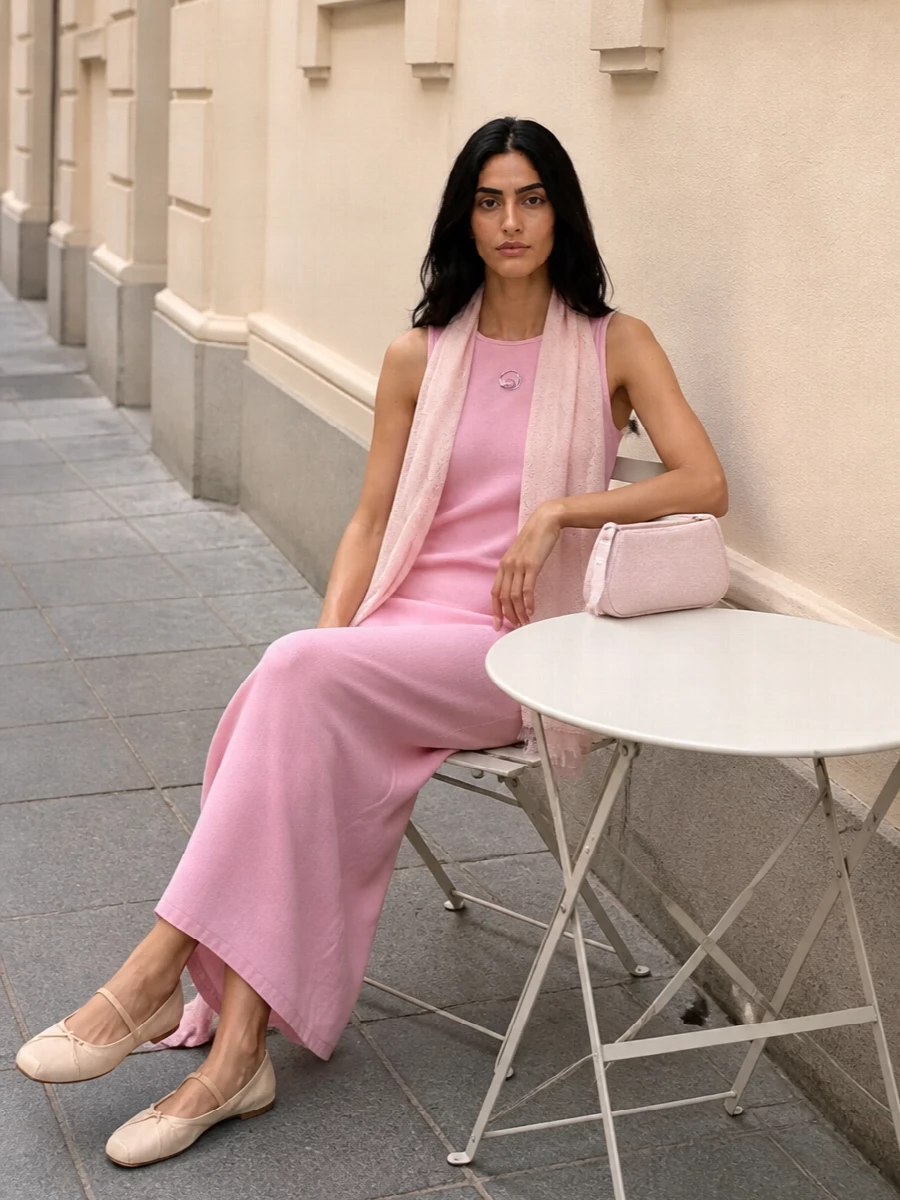 Marine serre pink maxi dress jacquemus bag
