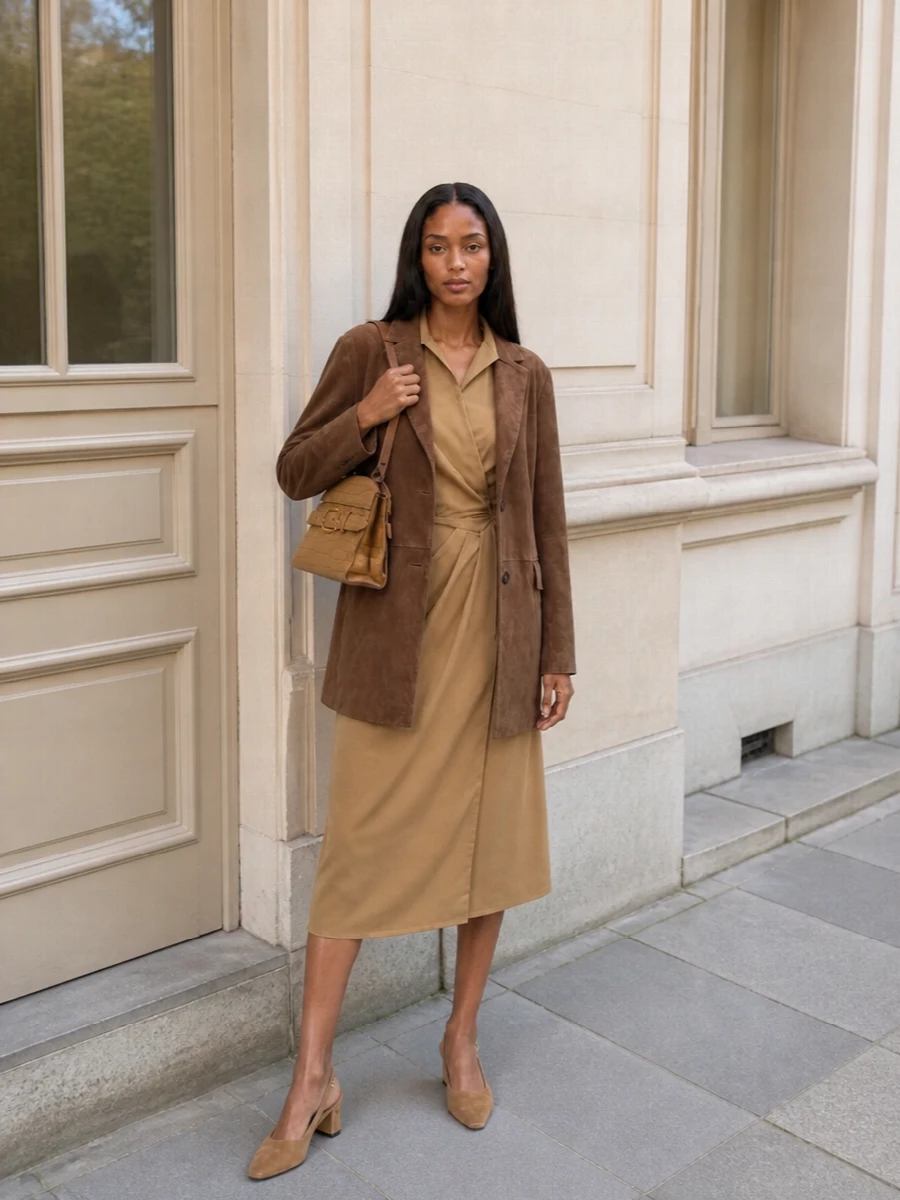 Max mara camel wrap dress suede coat outfit