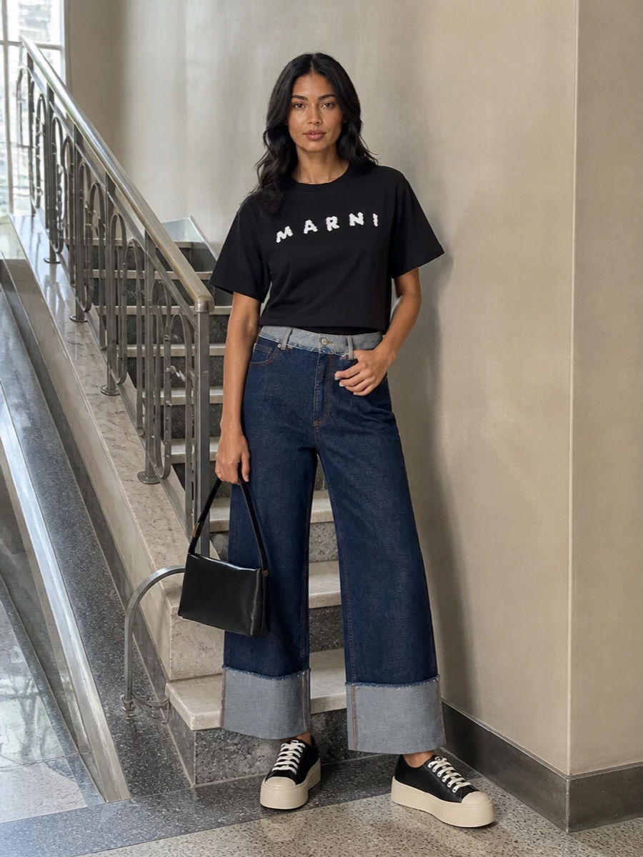 A boxy Marni logo tee sits against sculpted cropped wide-leg denim for a graphic, art-school take on off-duty dressing. Chunky black platform sneakers ground the volume, while a slim black shoulder bag keeps the finish sharp and minimal. The result is a monochrome city uniform that feels directional yet easy to wear all season.