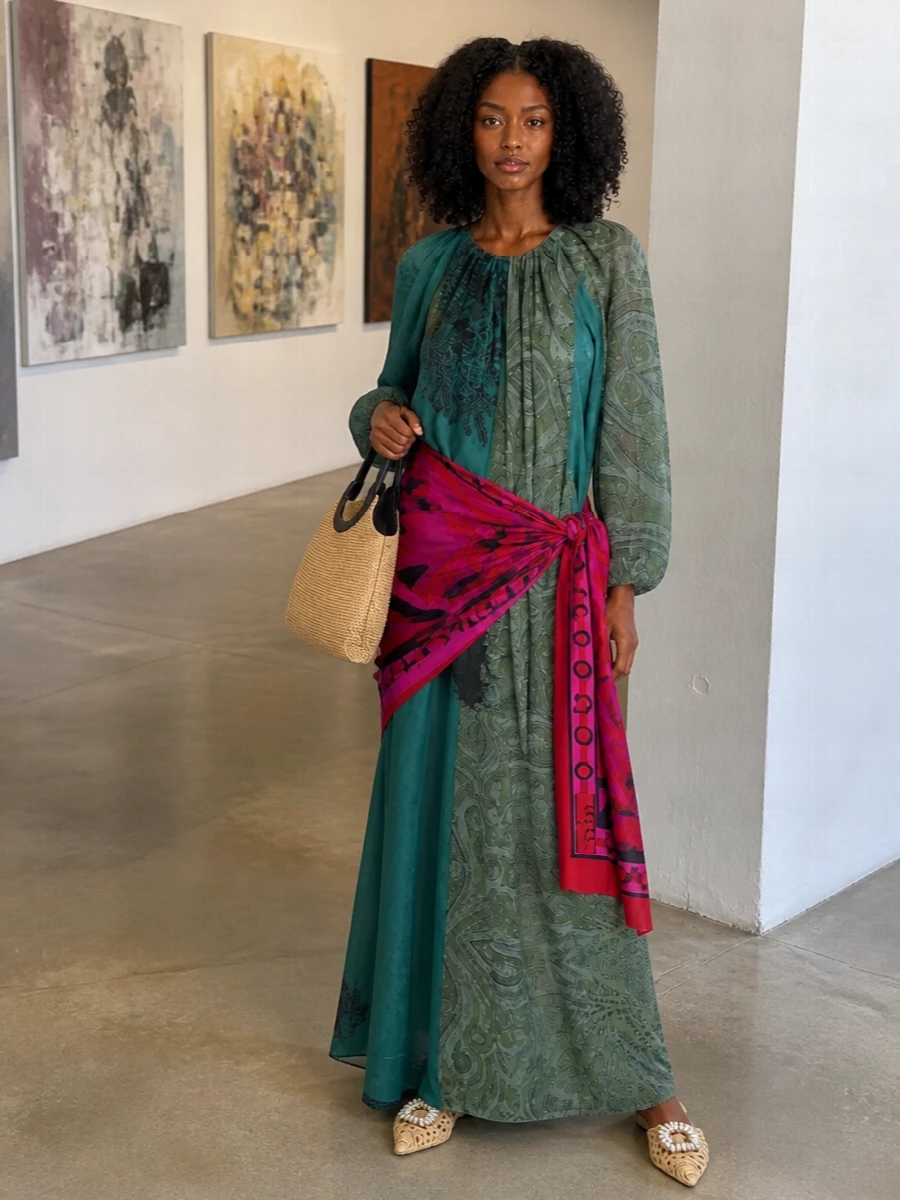 Leaning into the pareo’s boho yacht energy, I treated the Pucci piece as a vibrant scarf over the teal Pierre Louise Mascia maxi rather than forcing a competing top and bottom. The result is a flowing, print-on-print resort story grounded by raffia mules and a sculptural straw tote, rich in texture but restrained in palette so the pink and red geometrics stay electric. It feels like poolside into terrace drinks, with a subtle nod to Y2K through color while keeping the silhouette languid and grown up.