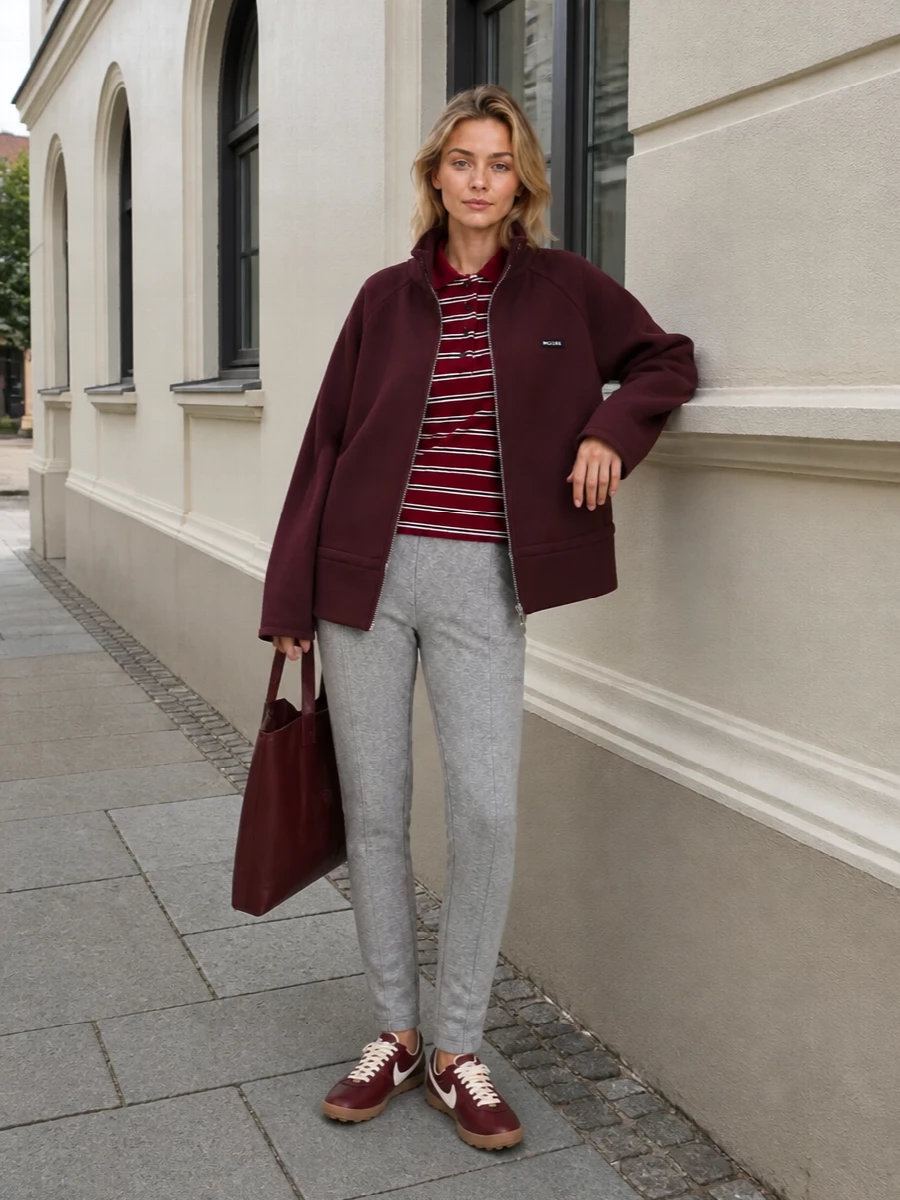 Rotate burgundy zip jacket striped polo track pants