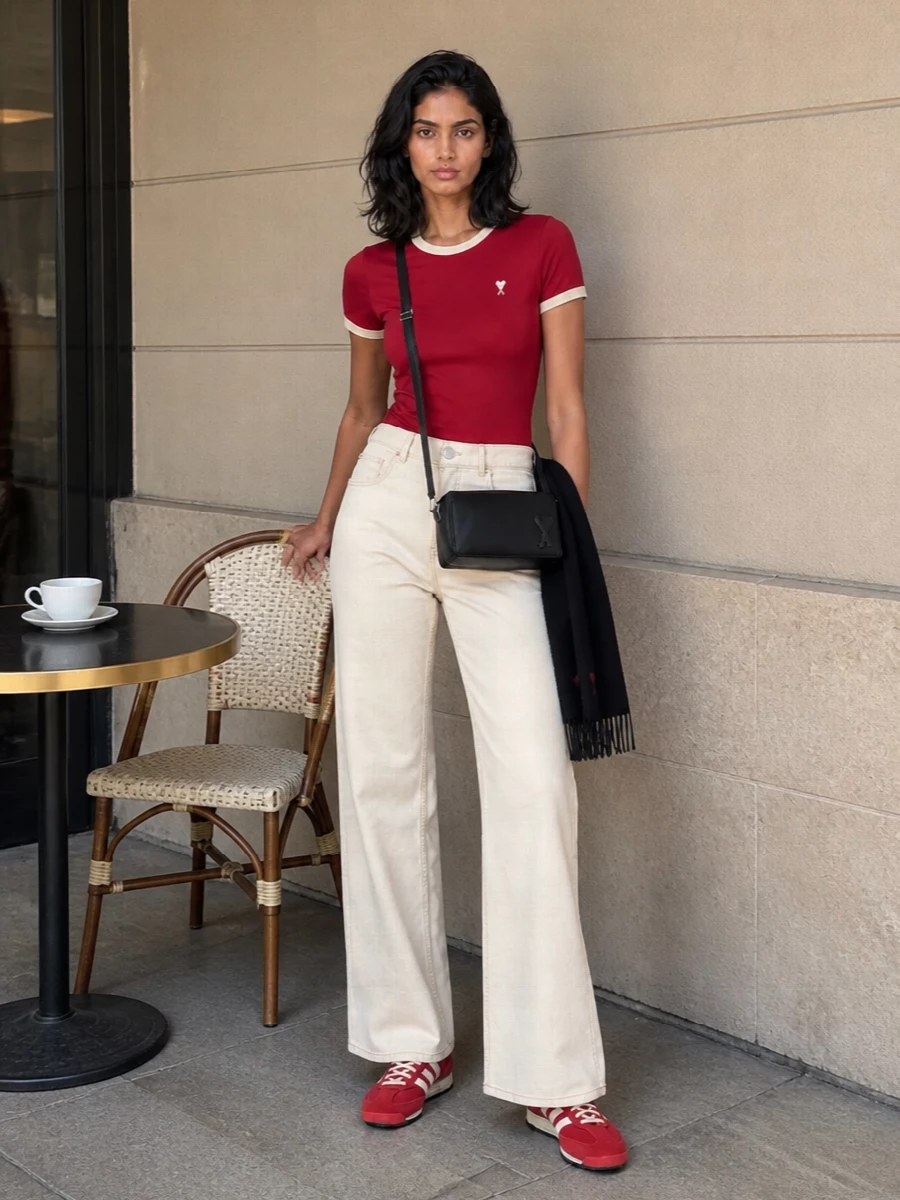 Ami paris red ringer tee cream wide leg jeans