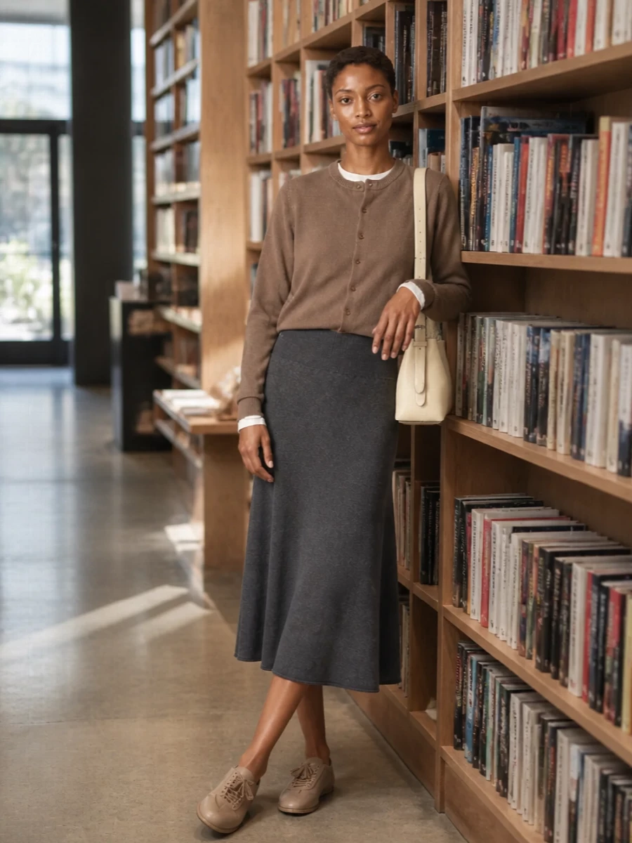 Extreme cashmere cardigan charcoal knit skirt outfit