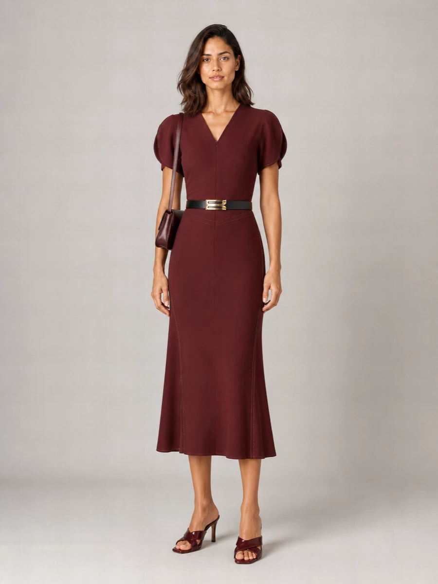 Victoria Beckham Bela Dress Ruched Detail Short Sleeves