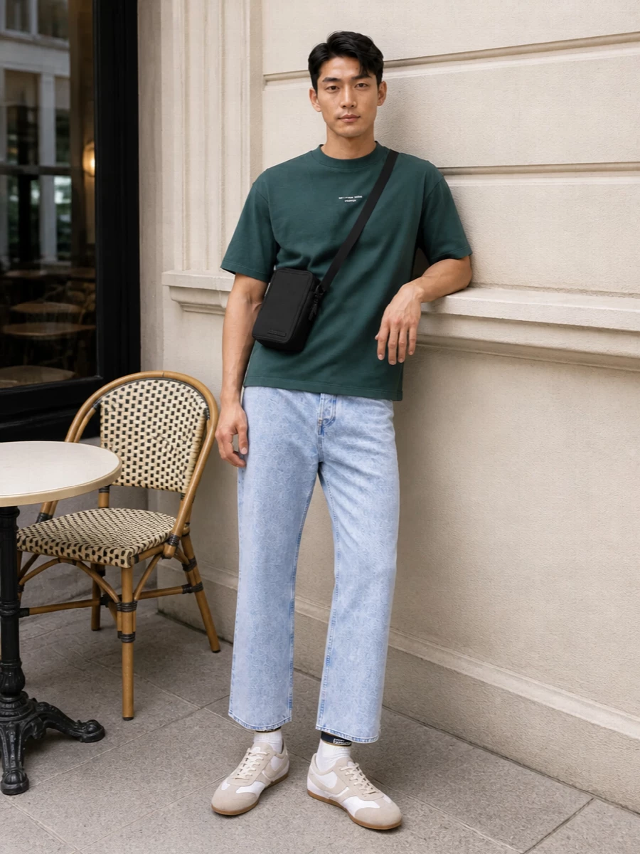 Deep teal and pale denim keep the palette crisp, so the proportions can relax without feeling heavy. The high-rise straight jean and slim gum-sole trainer play off the boxy tee for an easy, slightly 90s street silhouette. A compact black crossbody and striped sport socks finish it with quiet, intentional details rather than loud logos.