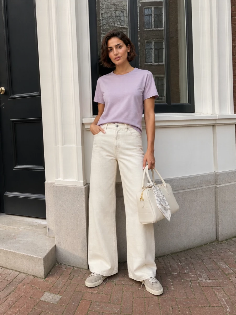 Golden goose lavender tee wide leg jeans outfit