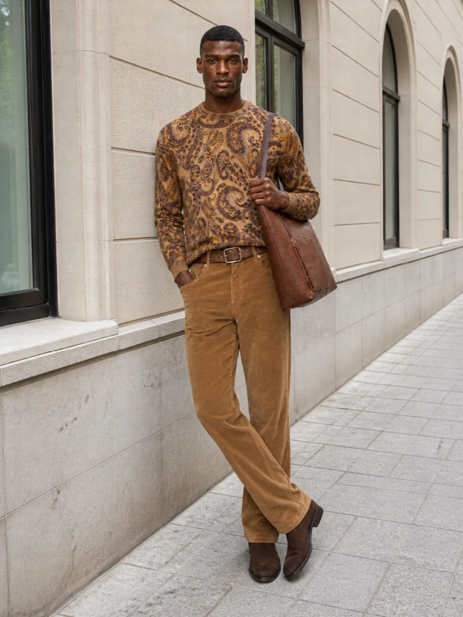 Etro camel corduroy trousers paisley sweater