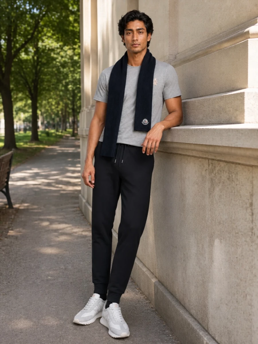 Moncler grey tee black joggers sneakers outfit