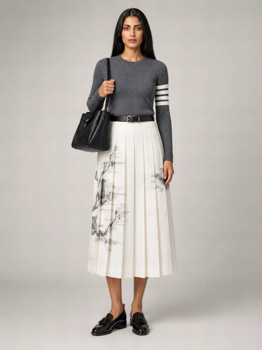 Thom Browne Silk Printed Pleated Knee-Length Skirt