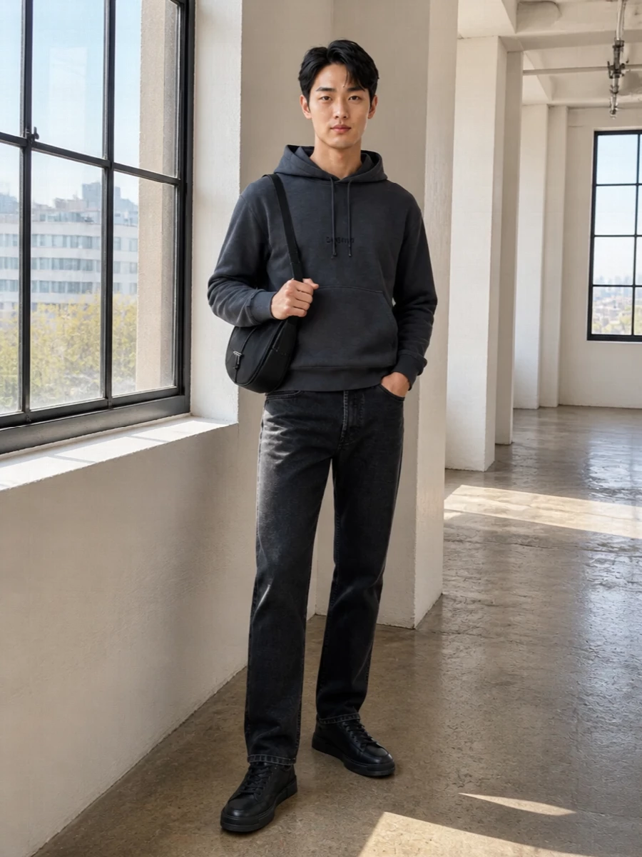 Charcoal on washed black keeps this Saint Laurent hoodie in its comfort zone, reading understated but intent from head to toe. Straight-leg denim and low-profile black leather sneakers sharpen the line just enough, while the compact shoulder bag adds a discreet, modern edge without disturbing the monochrome calm.