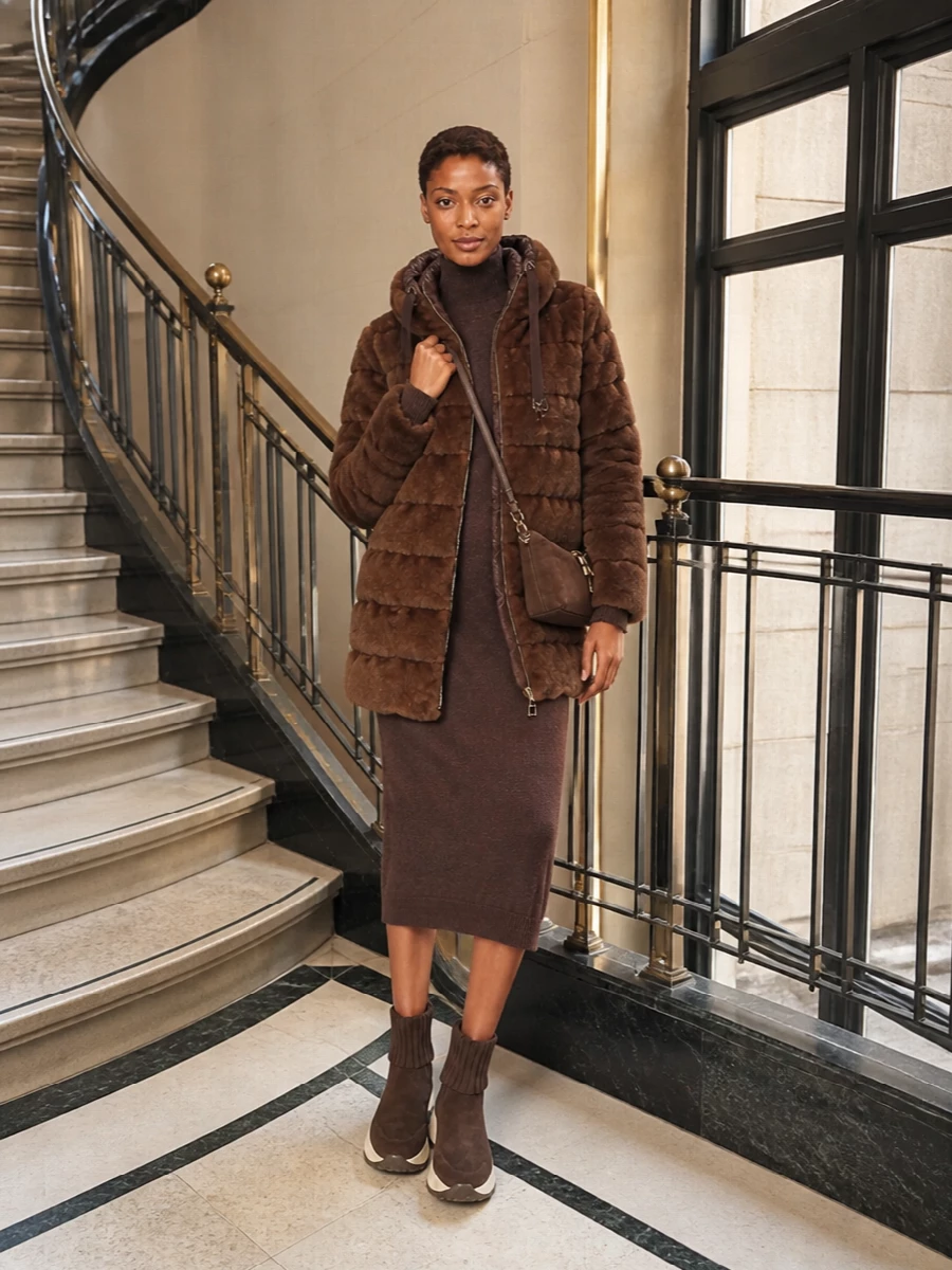 Mm6 brown knit dress herno faux fur coat outfit