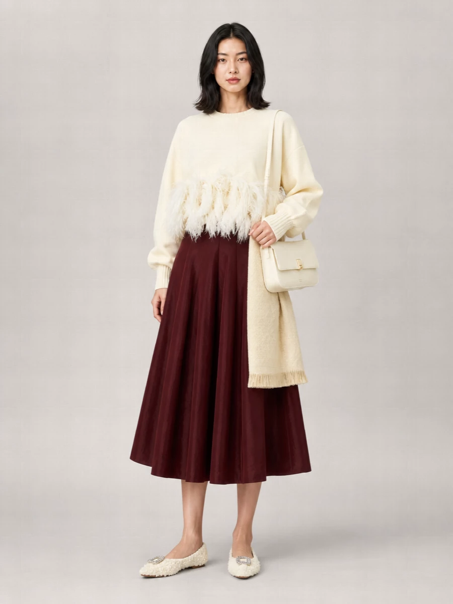 Alberta Ferretti Feather-Trimmed Ribbed Cropped Sweater