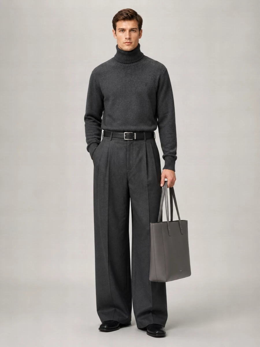 Ami Paris Wide Leg Wool Trousers With Pleated Front