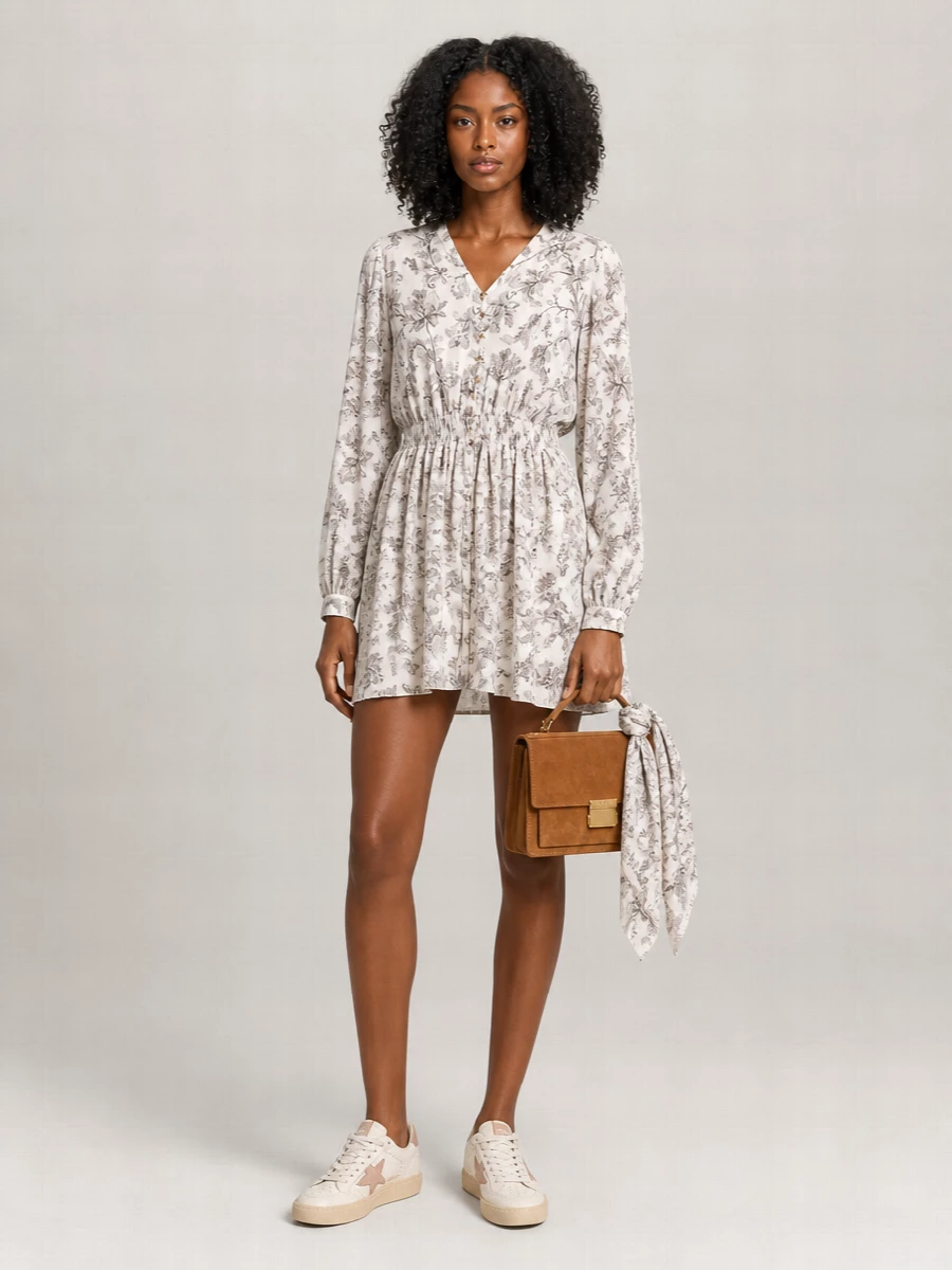 Golden Goose Floral-Print Cotton V-Neck Long-Sleeve Mini Dress