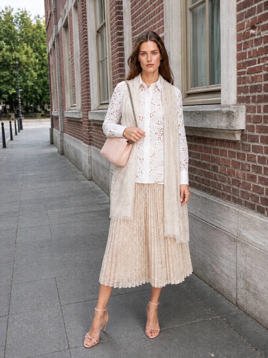 Ermanno scervino lace shirt champagne midi skirt