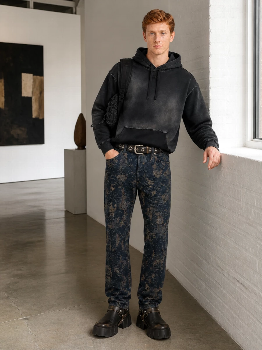 Diesel grunge jeans washed black hoodie boots