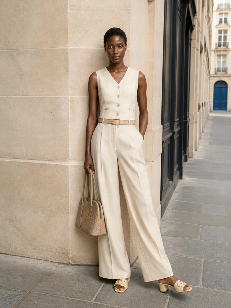 This look builds a modern summer suit around the sleeveless Max Mara vest, pairing it with fluid high-waisted wide-leg trousers in a harmonising light beige for a long, quietly elegant line. Cream block-heel mules and a structured taupe top-handle bag keep the palette sunlit and neutral, while the nude belt discreetly cinches the waist for a polished, minimalist finish that moves effortlessly from office to dinner.