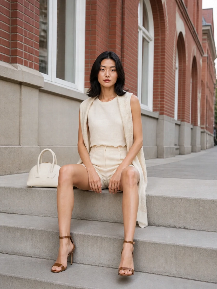 Patou ivory top tailored shorts heels