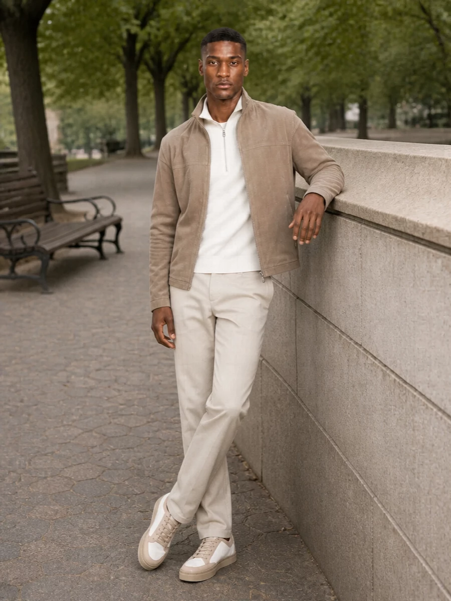 Emporio armani taupe jacket beige trousers outfit