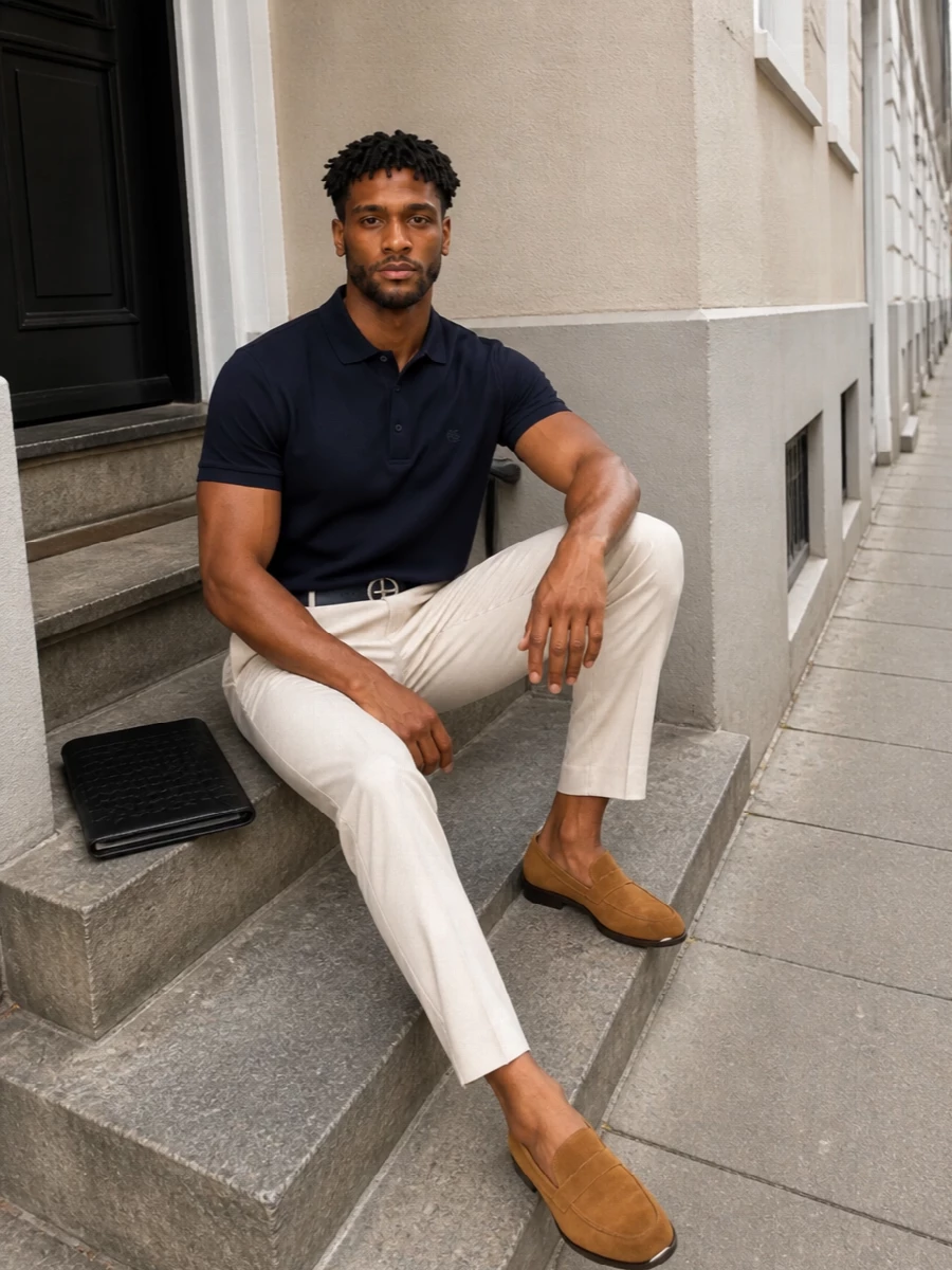 Etro navy polo cream trousers suede loafers