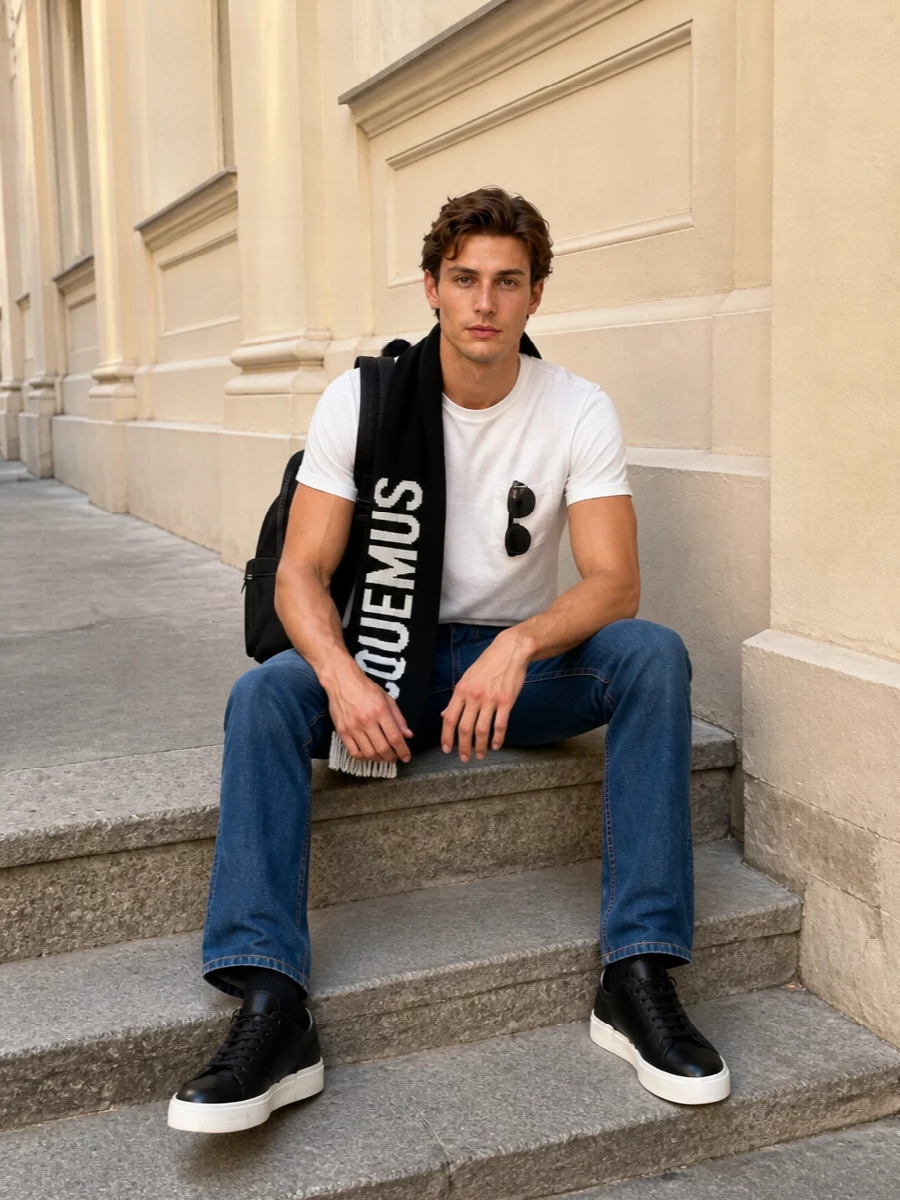 Moschino white tshirt jeans black sneakers