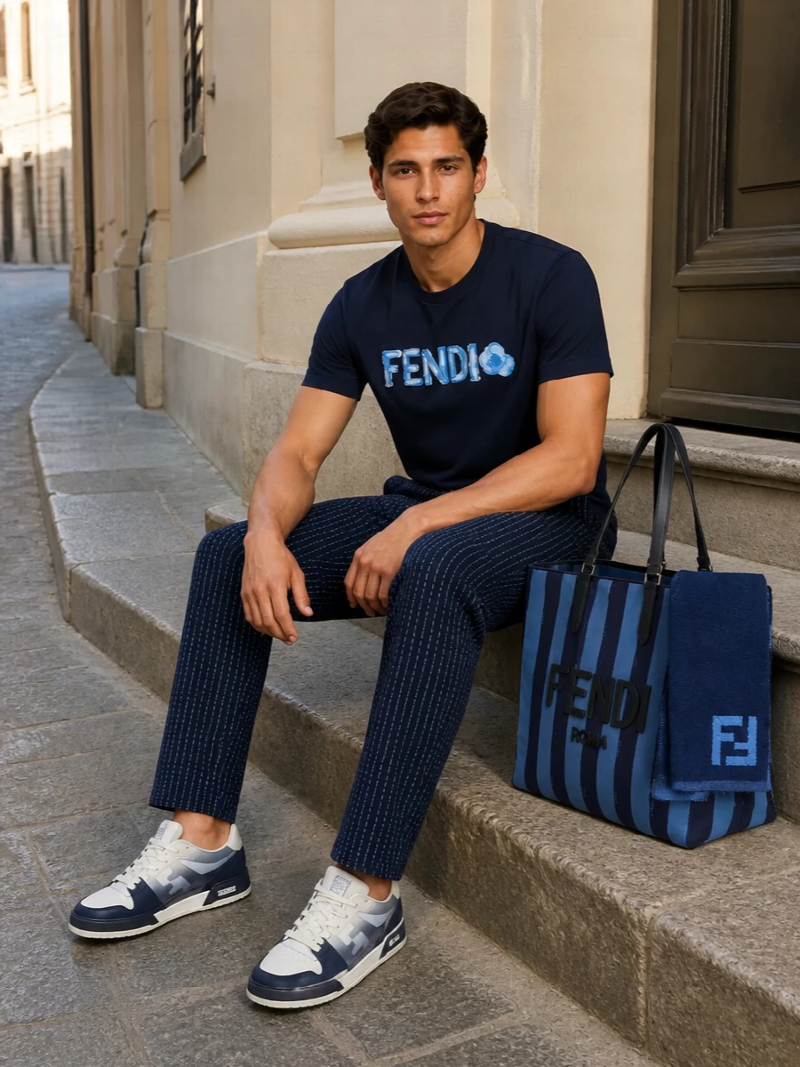 Fendi navy logo tee striped trousers tote
