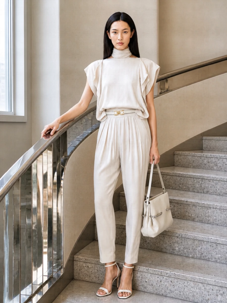 Lanvin ivory trousers draped blouse heels