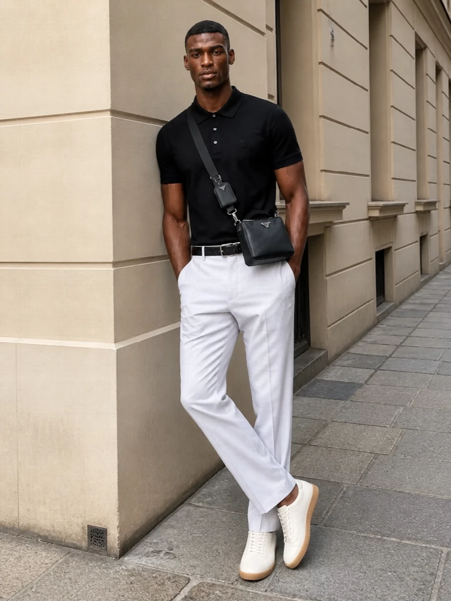 A black Zegna polo is grounded by optic-white tailored trousers for a clean, high-contrast SS look that feels both relaxed and impeccably precise. Cream leather sneakers soften the palette while keeping it elevated, and a structured black crossbody plus a slim black belt bring cohesive, urban polish without adding noise. The result is an easy, quietly luxurious uniform that moves from city day to understated evening with no change required.